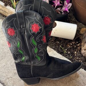 Tony Lama Black Leather Boots with Red and Green Vine  Embroidery